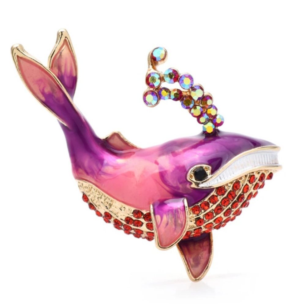 Jewelry pin brooch whale sea fish gold tone pink sparkly crystals adorable cute
